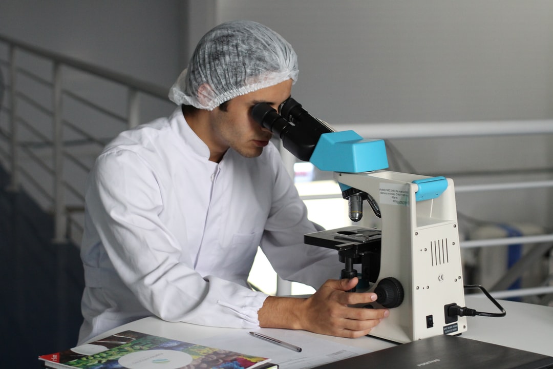 looking in microscope